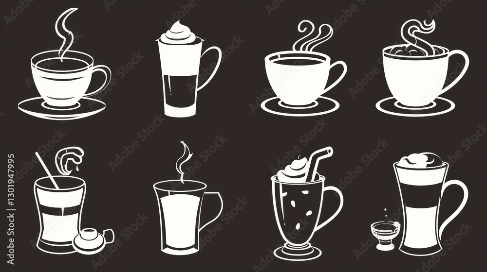 Diverse Set of Coffee - Centric Icons: Teas, Drinks, Cocoa, Cups, and Cafe Scenes Diverse Set of Coffee - Centric Icons: Teas, Drinks, Cocoa, Cups, and Cafe Scenes