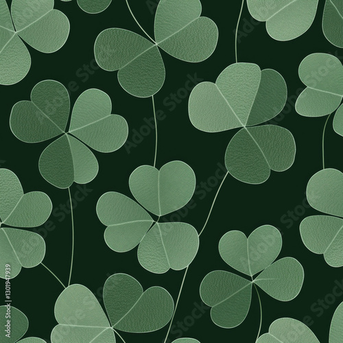 Seamless clover four leaves, green shamrocks line art wallpaper pattern on black background. Shamrock leaves in soft green hues for fabric, gift wrapping, wallcovering, banner, invitation card