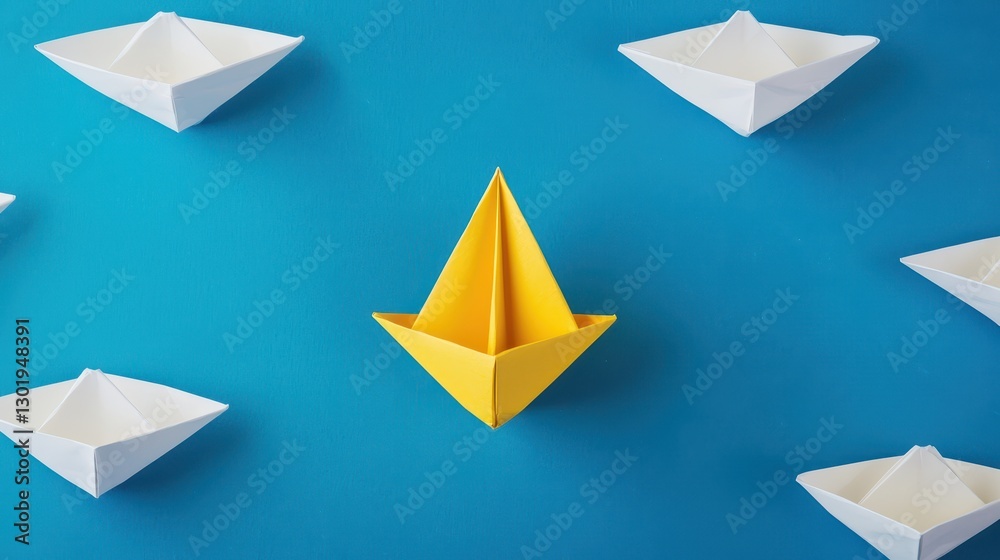Bright Yellow Paper Boat Surrounded by White Paper Boats on Vibrant Blue Background Bright Yellow Paper Boat Surrounded by White Paper Boats on Vibrant Blue Background