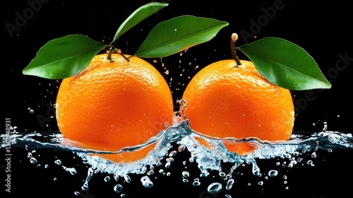 Fresh Oranges with Leaves Surrounded by Water Splash Against a Black Background
