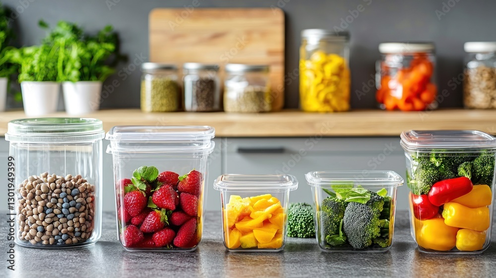 Fresh produce and dry goods stored in clear plastic containers on kitchen counter. Fresh produce and dry goods stored in clear plastic containers on kitchen counter.