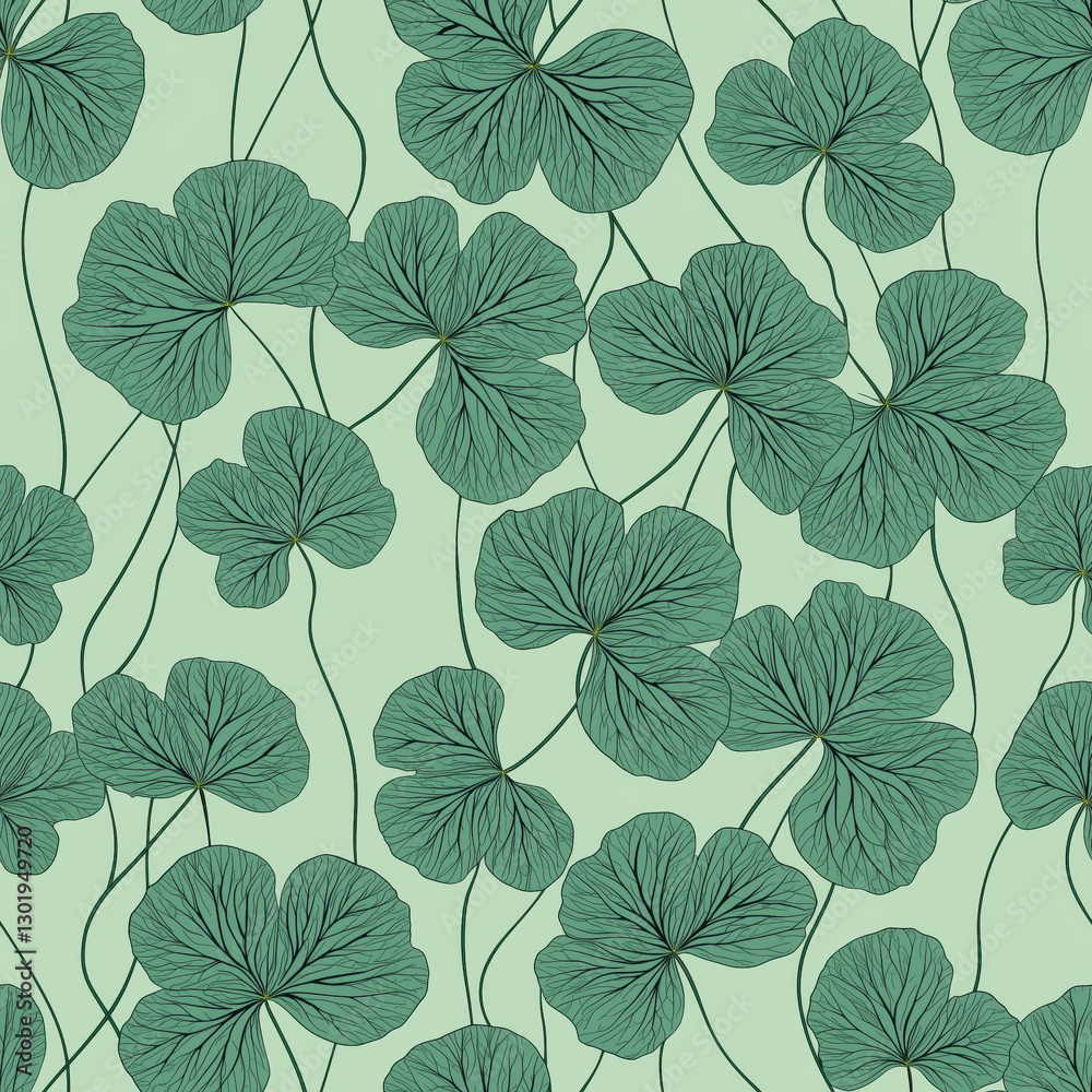 Obraz premium Seamless clover four leaves, green shamrocks line art wallpaper pattern on light colored background. Shamrock leaves in soft green hues for fabric, gift wrapping, wallcovering, banner, invitation card