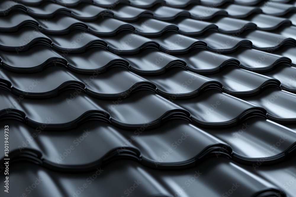 Close-up view of black metal roof tiles pattern and texture Close-up view of black metal roof tiles pattern and texture