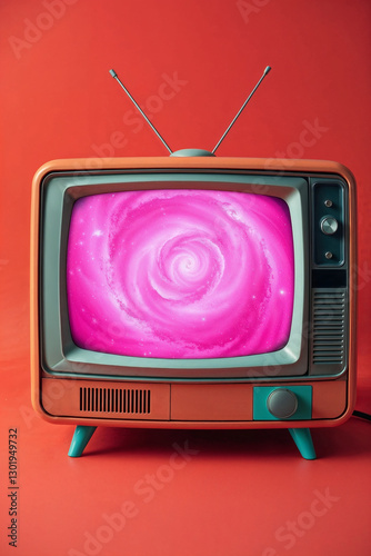 retro television displaying a vibrant pink cosmic swirl on a bold red background, pop art style