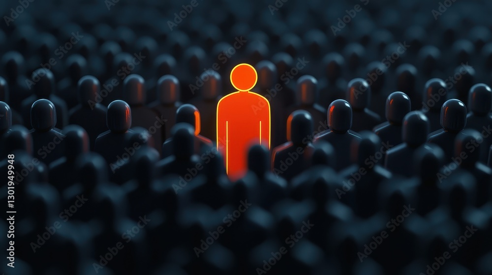 Fototapeta premium Lone Figure Standing Out in a Crowd of Dark Silhouettes Representing Individuality and Unique Identity Concept