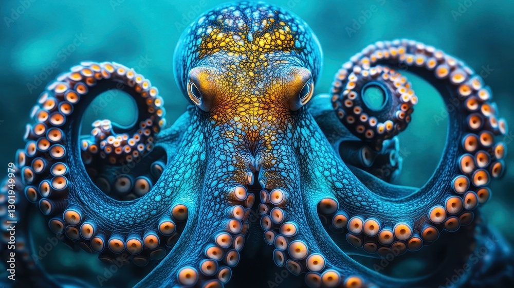 Obraz premium Colorful close-up of an octopus underwater showcasing its vibrant skin patterns and unique tentacles in deep ocean