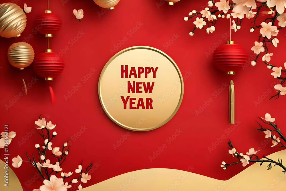 Naklejka premium 3D Illustration Happy New Year Red Lanterns Flowers Background