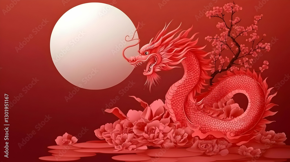 Illustration Red Dragon, Peonies, Cherry Blossoms, Moon Illustration Red Dragon, Peonies, Cherry Blossoms, Moon
