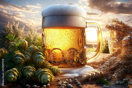 3D Illustration Golden Beer...