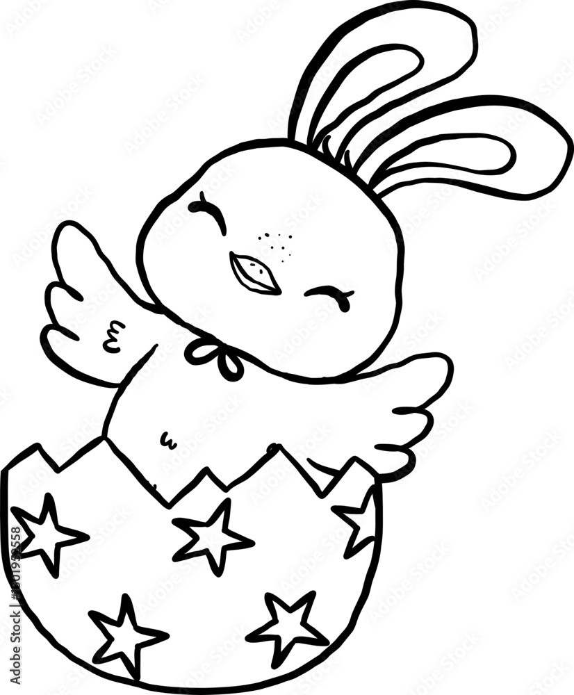 Fototapeta premium Groovy Easter Chicken Bunny Ears in Egg Cartoon Outline Doodle