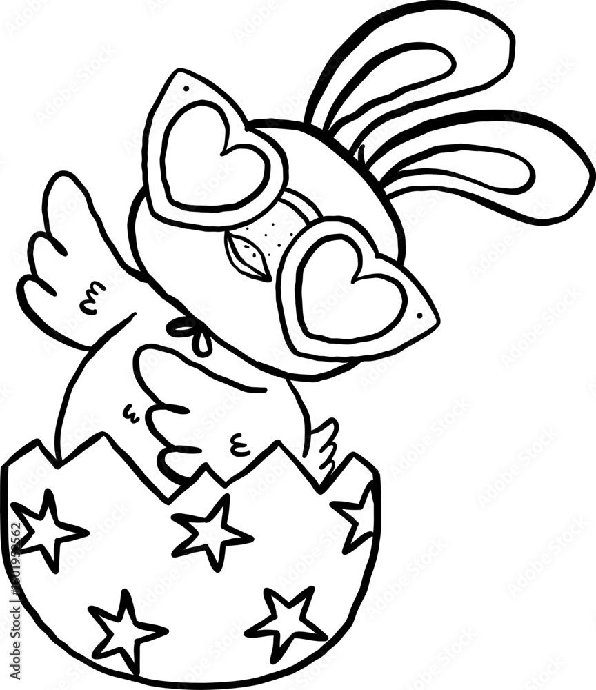 Retro Groovy Easter Chicken Bunny Ears in Egg Cartoon Outline Doodle Retro Groovy Easter Chicken Bunny Ears in Egg Cartoon Outline Doodle