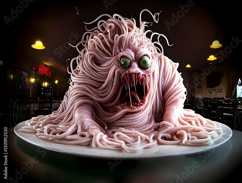 3D Illustration -  Monster Made of Spaghetti in a Restaurant