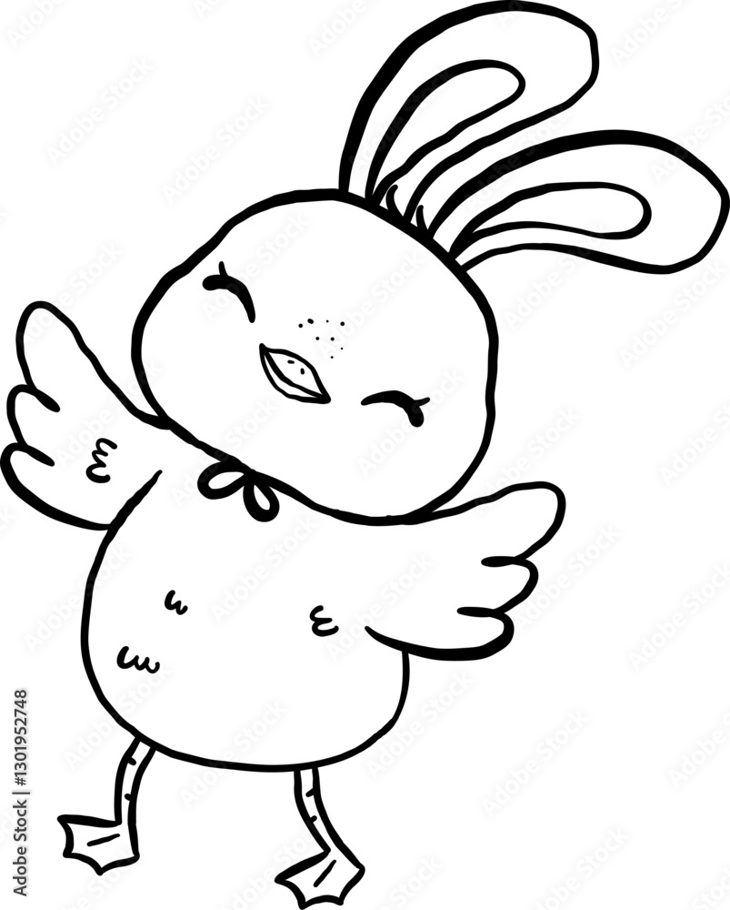 Fototapeta premium Happy Easter Baby Chicken with Bunny Ears Cartoon Outline Doodle