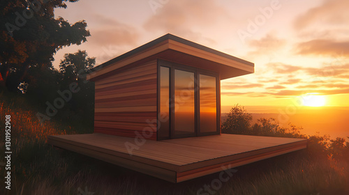 3D Illustration Cabin Sunse...