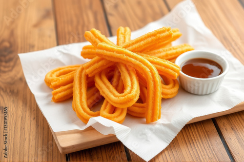Churros mit Schokoladensauce in einer Papiertüte, golden und knusprig.