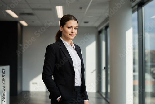 Professional Woman In Black Suit In Minimalist Modern Office With City View