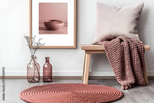 Photo Cozy Home Interior Decor Pink Rug Bench Illustration photo