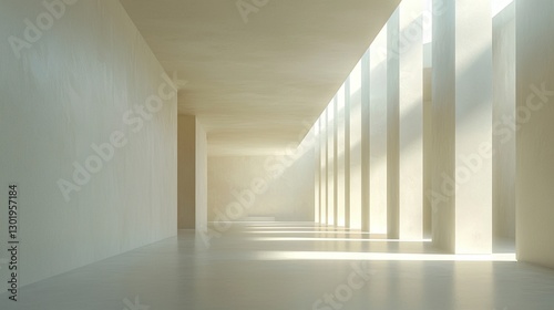 Sunlit minimalist hallway with columns.