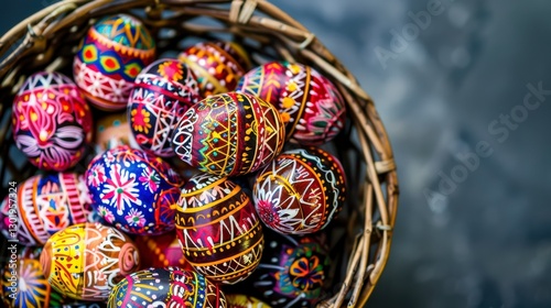 Hand-painted Easter eggs with intricate floral and geometric patterns in vivid red, blue, yellow, and purple hues, arranged in a woven basket against a dark charcoal-gray backdrop. 