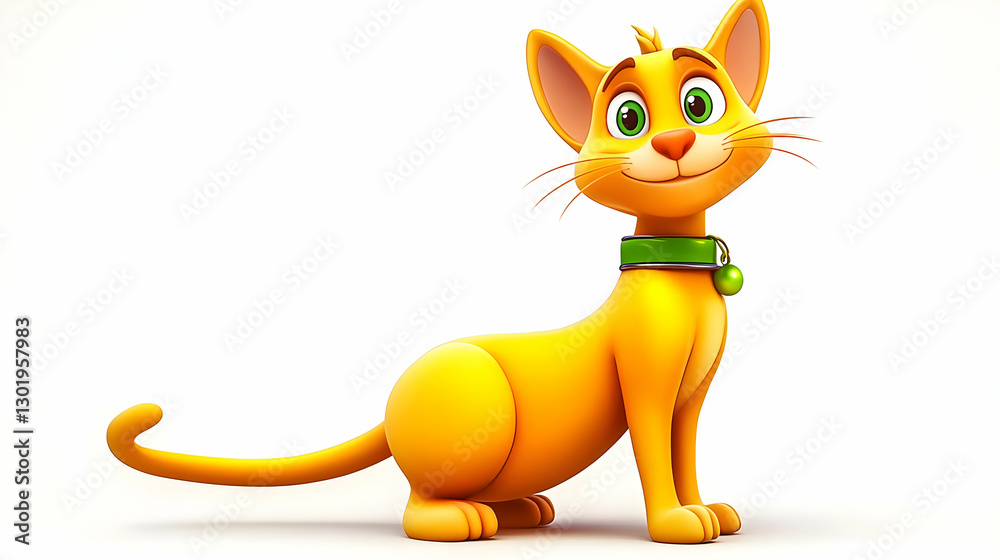 Obraz premium 3D Illustration Cute Cartoon Cat with Green Collar