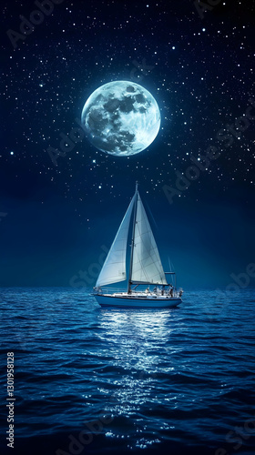 Illustration - Sailboat under Full Moon Night Sky