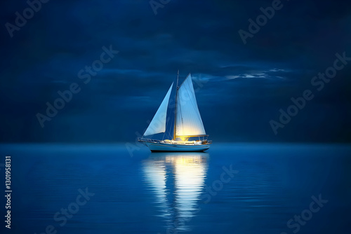 Illustration - Sailboat on Calm Water at Night