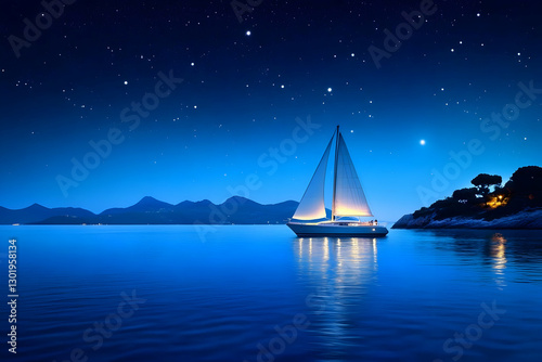 Night Sailboat, Starry Sky Seascape Illustration