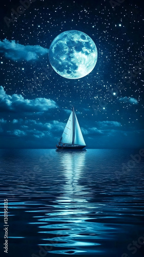 Illustration - Sailboat under the Moonlight on Calm Sea