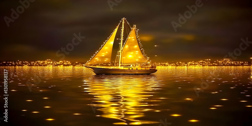 Illustration of Golden Sailboat at Night, City Lights, Reflection, Water