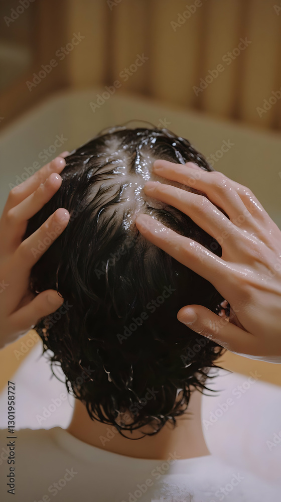 Naklejka premium Photo - Woman Washing Hair, Water, Hands, Bathroom, Shower, Clean, Hygiene, Treatment, Wellness, Beauty