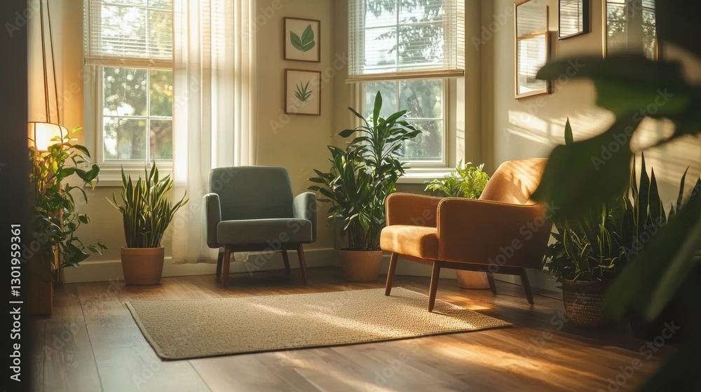 Fototapeta premium Sunlit living room with armchairs, plants, and rug.