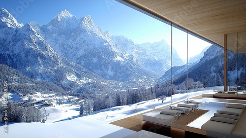 Modern winter mountain spa with panoramic views photo