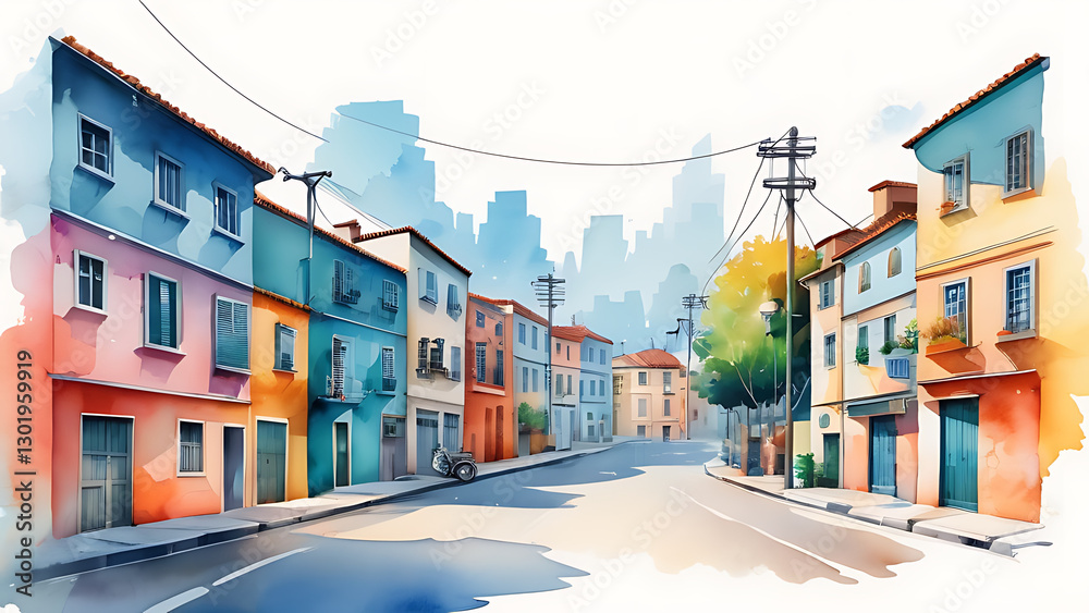 Fototapeta premium Watercolor Painting of Colorful European Streetscape with City Skyline View