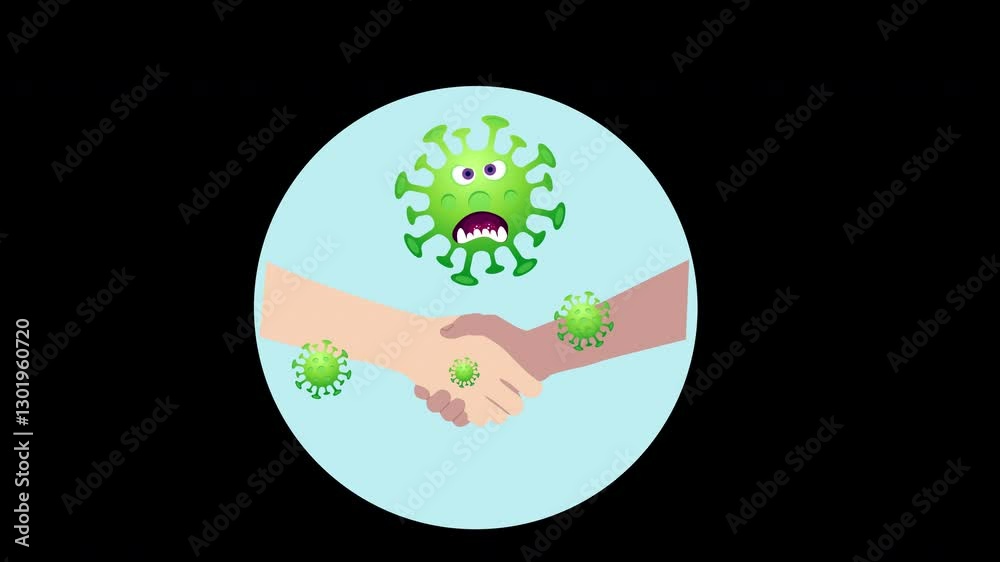 Animation of shaking hands with a virus, symbolizing health awareness with a transparent background and alpha channel. Animation of shaking hands with a virus, symbolizing health awareness with a transparent background and alpha channel.