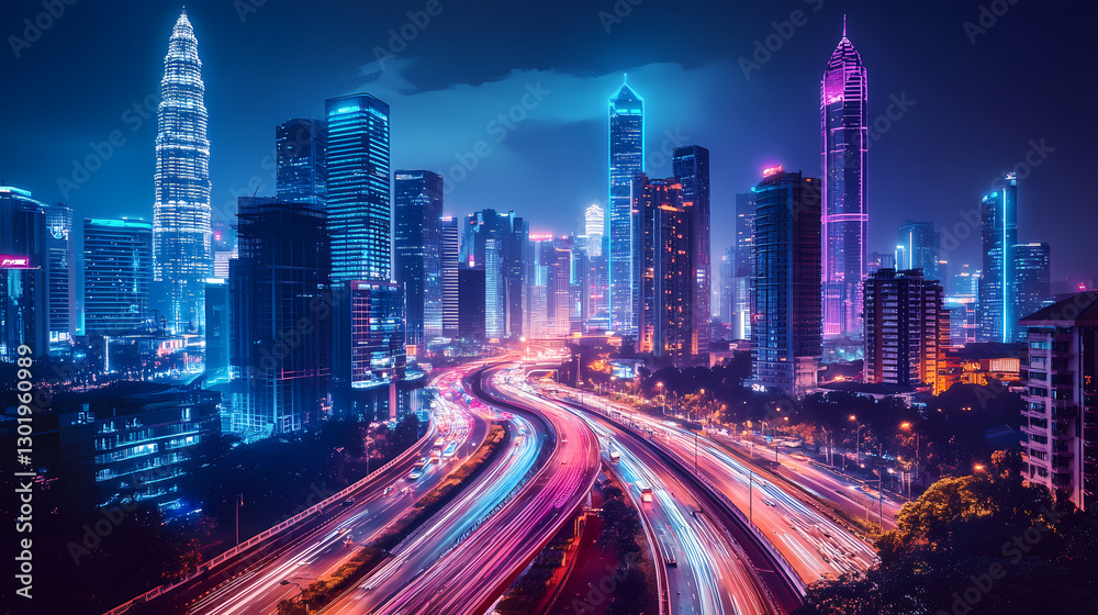 City nightscape with buildings and light trails City nightscape with buildings and light trails