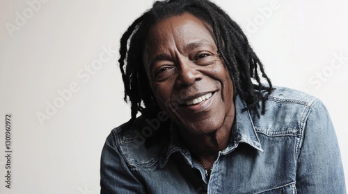 Joyful studio portrait of a middleaged black woman in denim