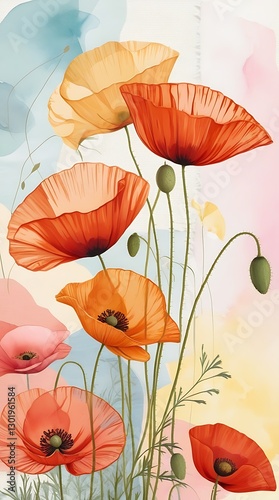 Beautiful watercolor-style digital illustration of vibrant red poppies with delicate translucent petals, set against a soft pastel-colored background, evoking a sense of tranquility, nature, and artis