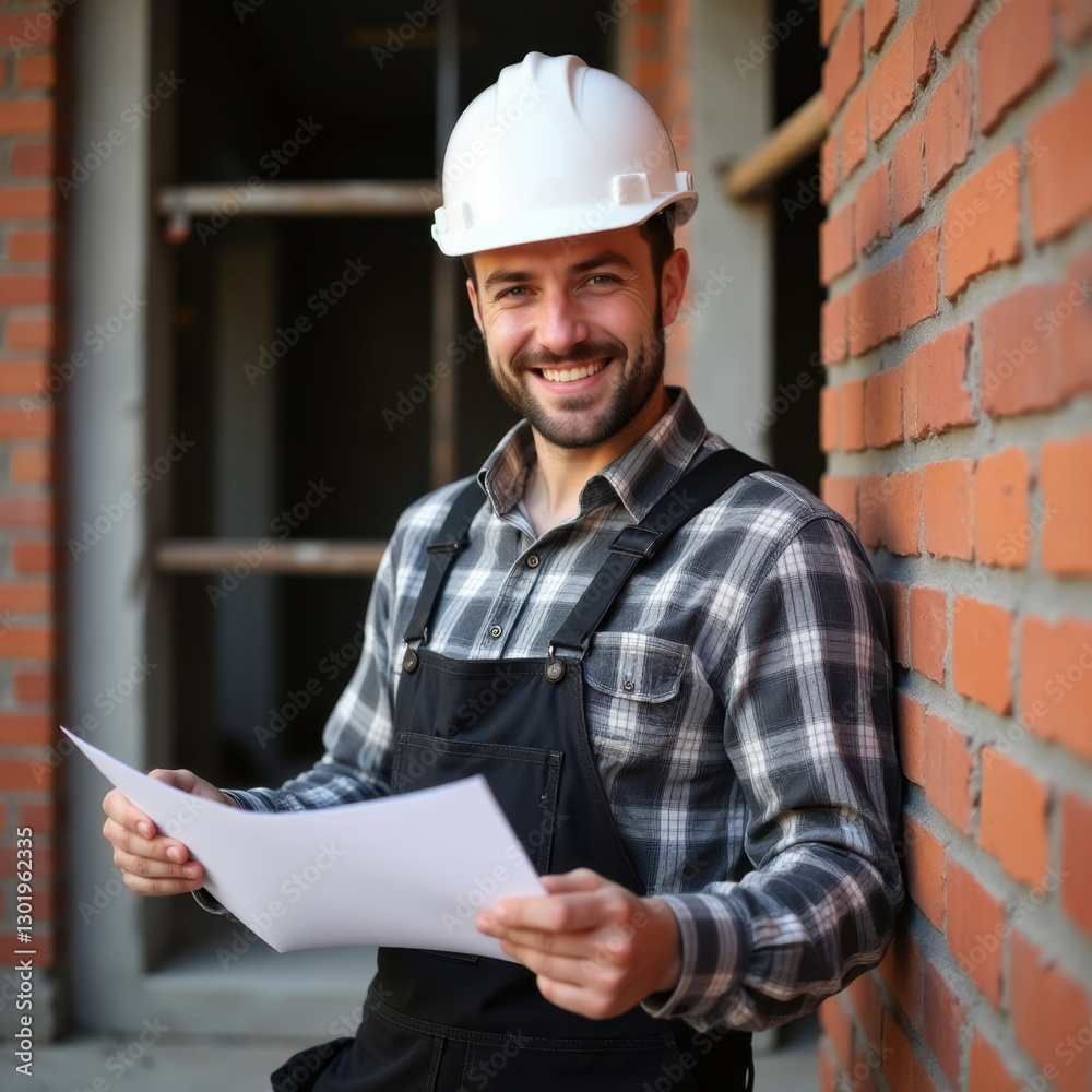 Portrait of smiling construction worker in white helmet holding blueprints near brick wall Portrait of smiling construction worker in white helmet holding blueprints near brick wall