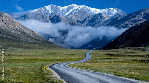Winding Road to Majestic Snowy Mountains  Scenic Landscape