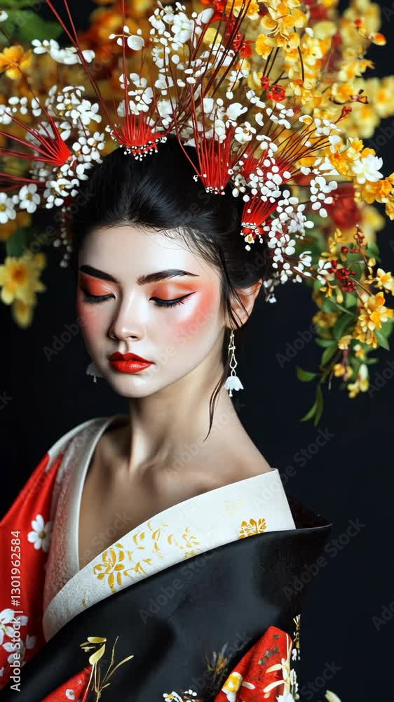 Beautiful woman wearing traditional attire with floral headdress showcasing elegance in a vibrant display of culture and artistry Beautiful woman wearing traditional attire with floral headdress showcasing elegance in a vibrant display of culture and artistry