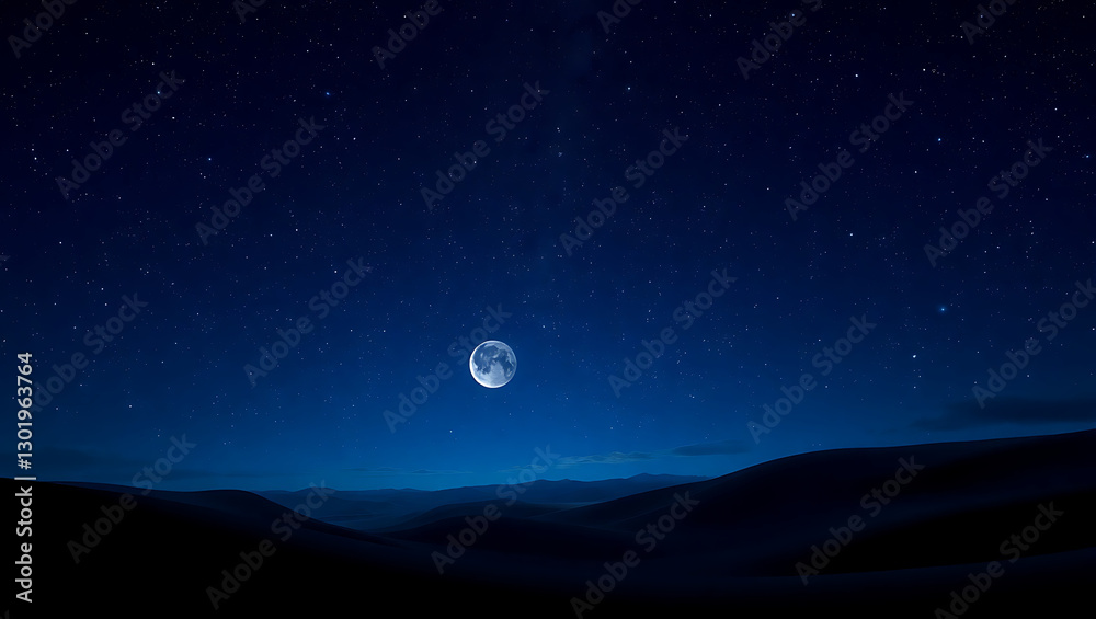 Fototapeta premium Silhouetted Desert Landscape Under Starry Night Sky: Mystic Moon and Celestial Wonders