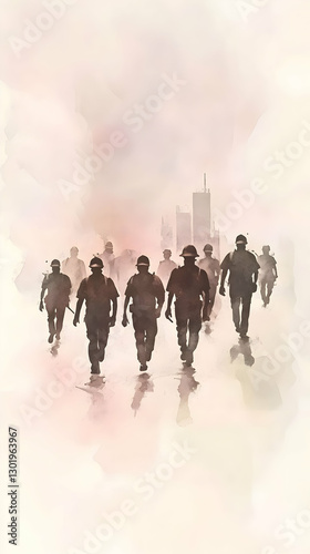 Soldiers Walking Cityscape ...