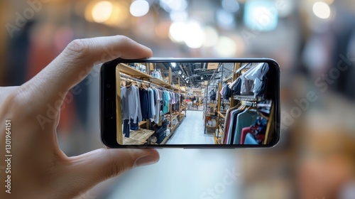 Person using smartphone to film clothing store interior.