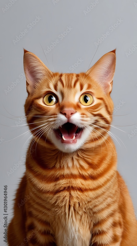 Close-up of an orange tabby cat with wide eyes and mouth open, expressing surprise or excitement, set against a neutral background, highlighting its expressive face and vibrant fur
Close-up of an orange tabby cat with wide eyes and mouth open, expressing surprise or excitement, set against a neutral background, highlighting its expressive face and vibrant fur