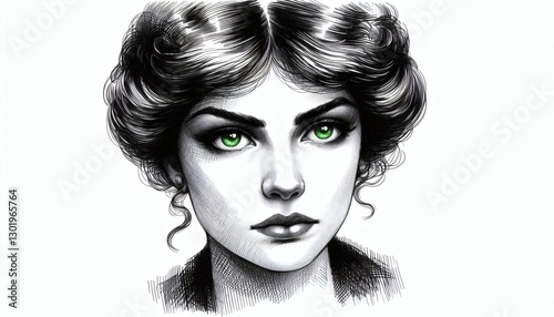 woman portrait ink drawing lady Edwardian green eyes beautiful vintage historical elegant aristocratic noble graceful chic upper-class