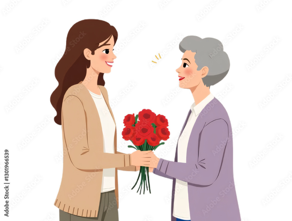 Loving young adult female child congratulate excited elderly mother with birthday anniversary at home. Smiling caring grownup millennial daughter present gift flowers to old mom. Generative ai