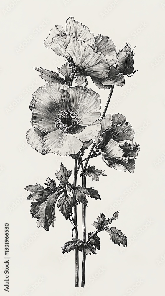 Fototapeta premium Black and white illustration of a botanical specimen, scientific drawing style, naturalist design