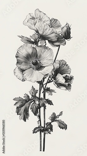 Black and white illustration of a botanical specimen, scientific drawing style, naturalist design