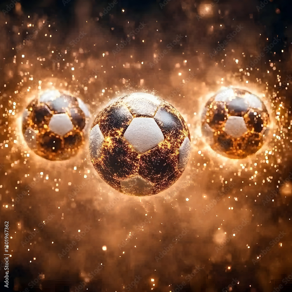 Fototapeta premium 3D Illustration - Soccer Balls in Fiery Atmosphere Background