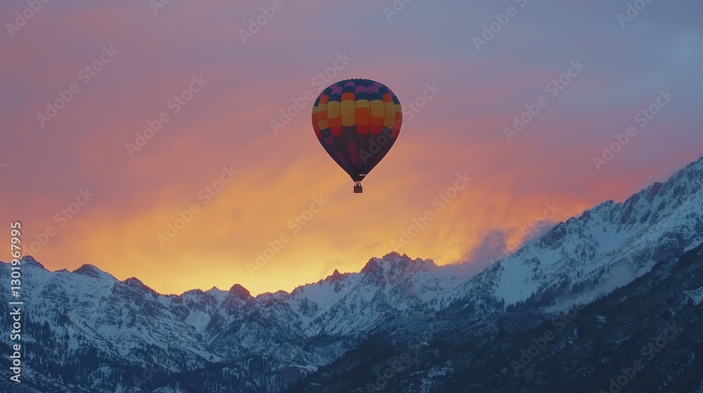 Hot air balloon soaring over snow-capped mountains at sunset. Hot air balloon soaring over snow-capped mountains at sunset.